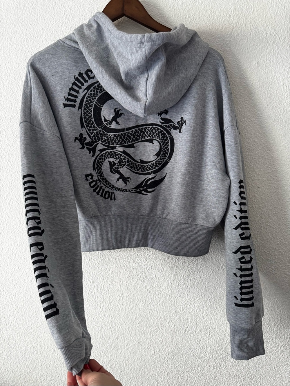 Faded Rose Gray Dragon Cropped Zip Up Hoodie Y2K Grunge Streetwear XL - Picture 9 of 13